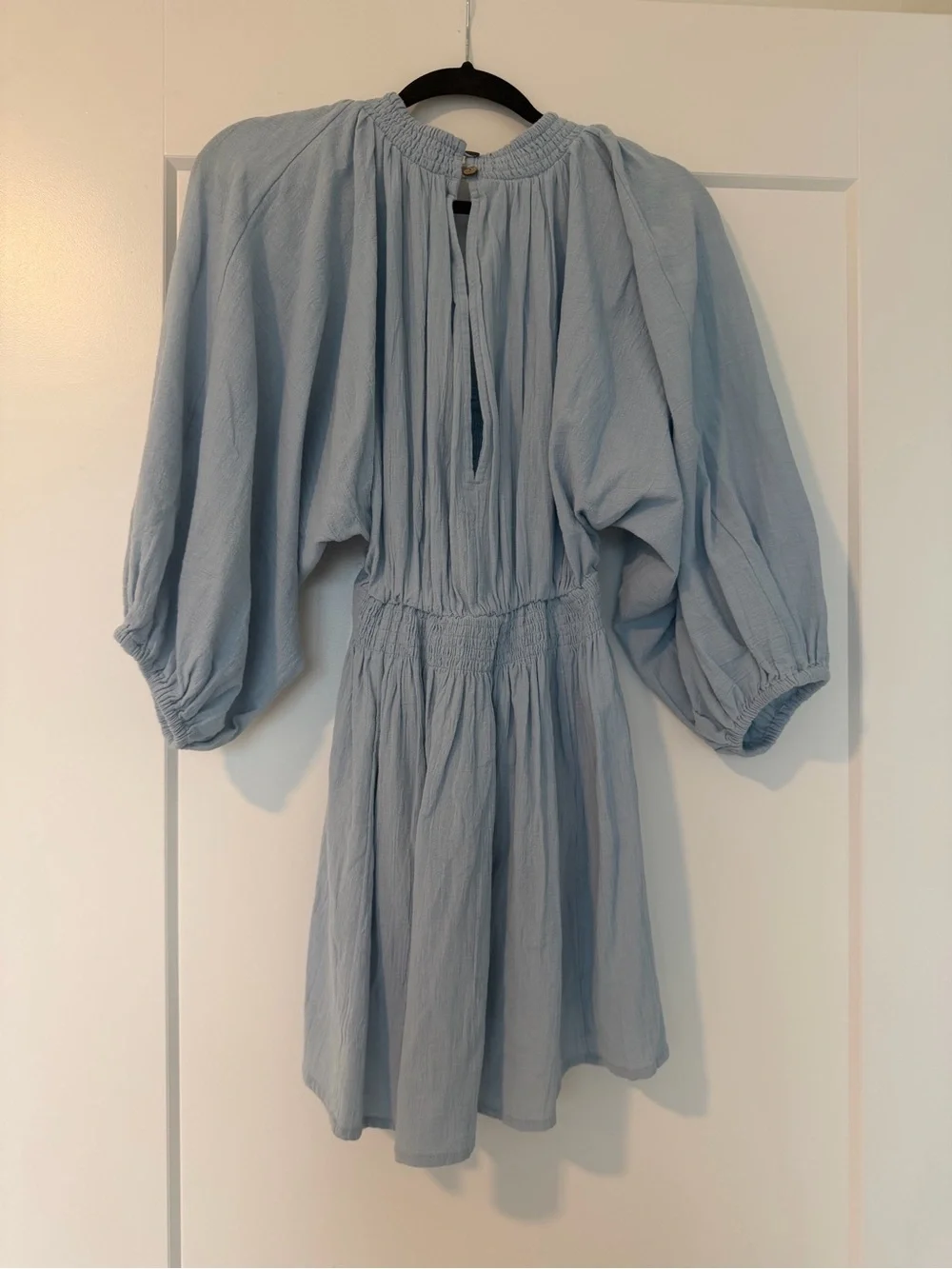Free People Pale Blue Smocked V-Neck Mini Dress